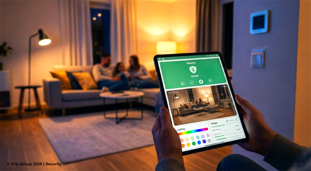 Smart Home Steuerung mit Tablet zeigt Licht, Heizung und Sicherheit