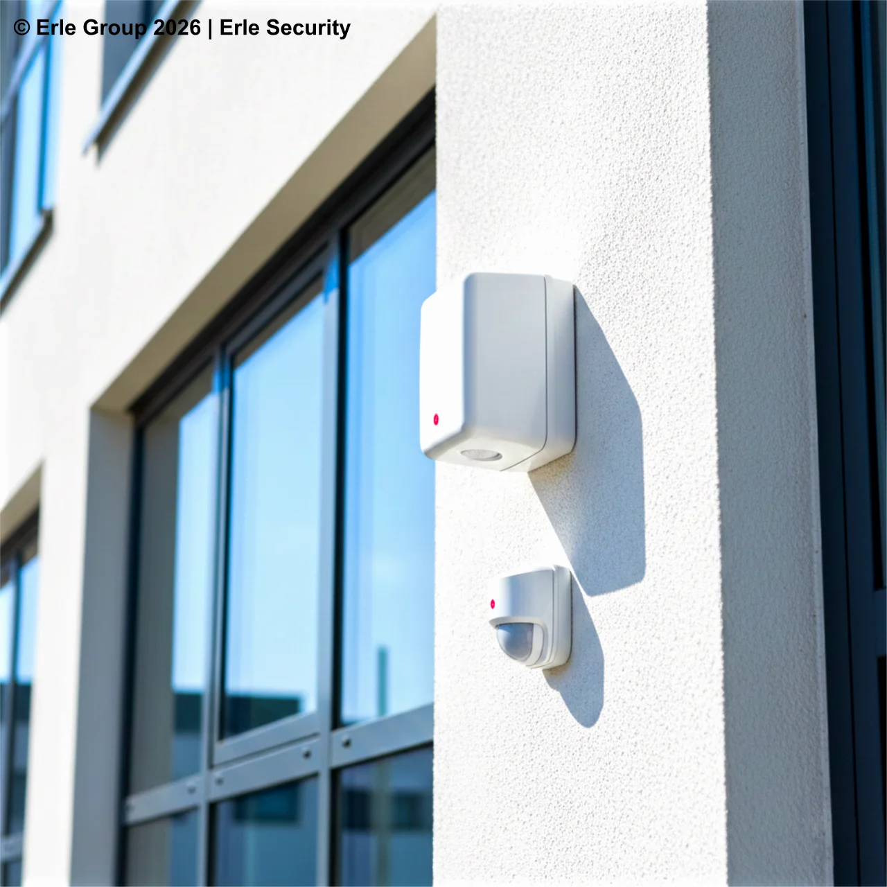 Einbruchmeldeanlage für Gewerbe – Sensoren und Sirene am Betriebsgebäude