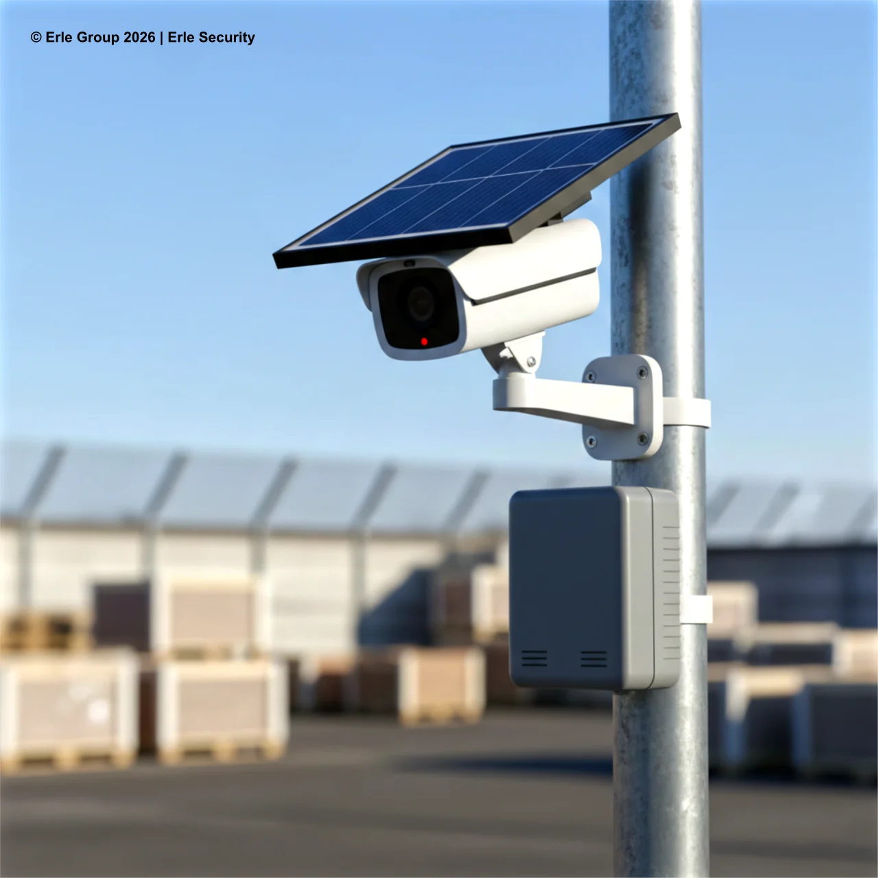 Solarbetriebene Überwachungskamera auf Freifläche – autarke Sicherheitslösung