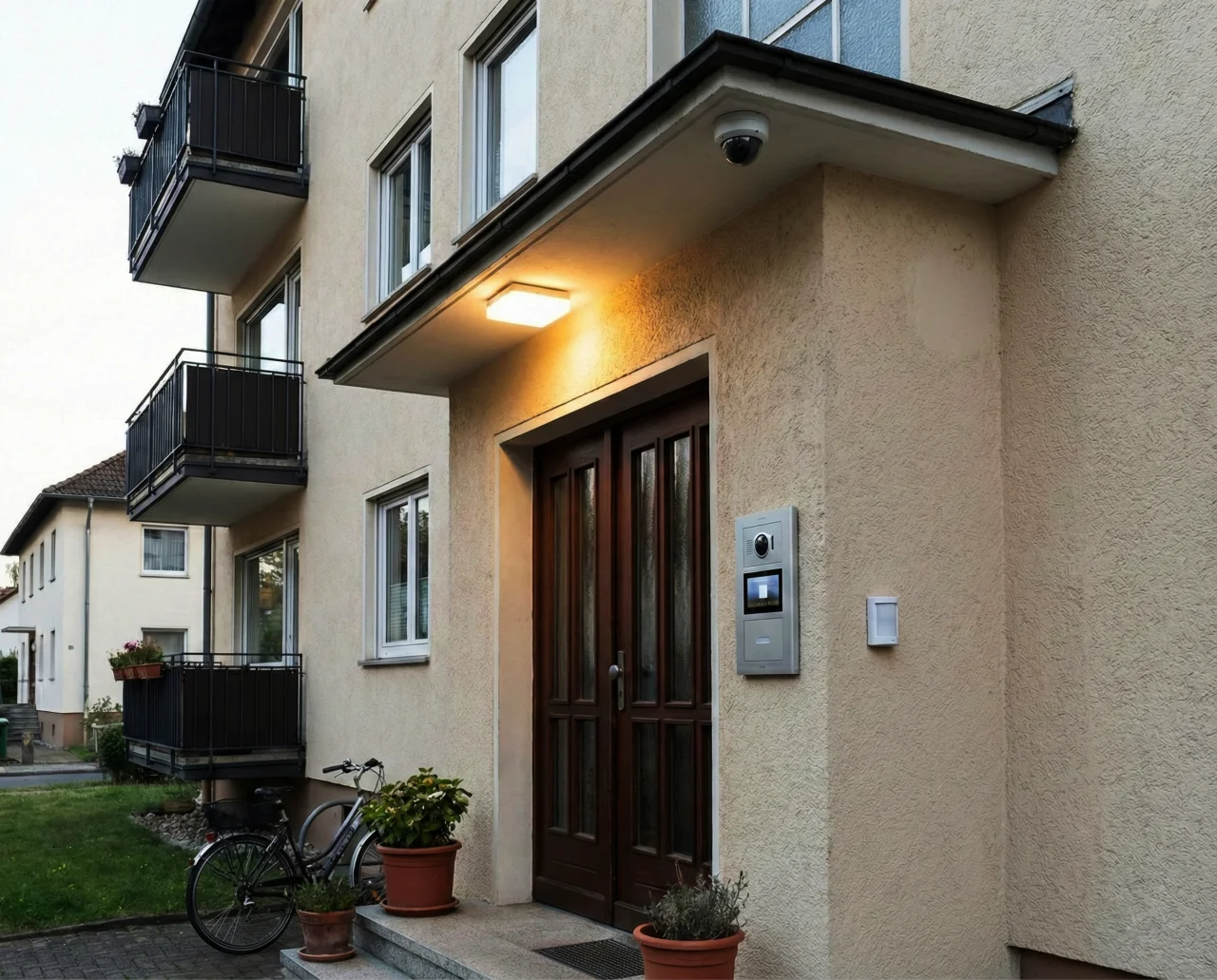 Moderne Haustür mit Keypad und Videoüberwachung – Gebäudeschutz
