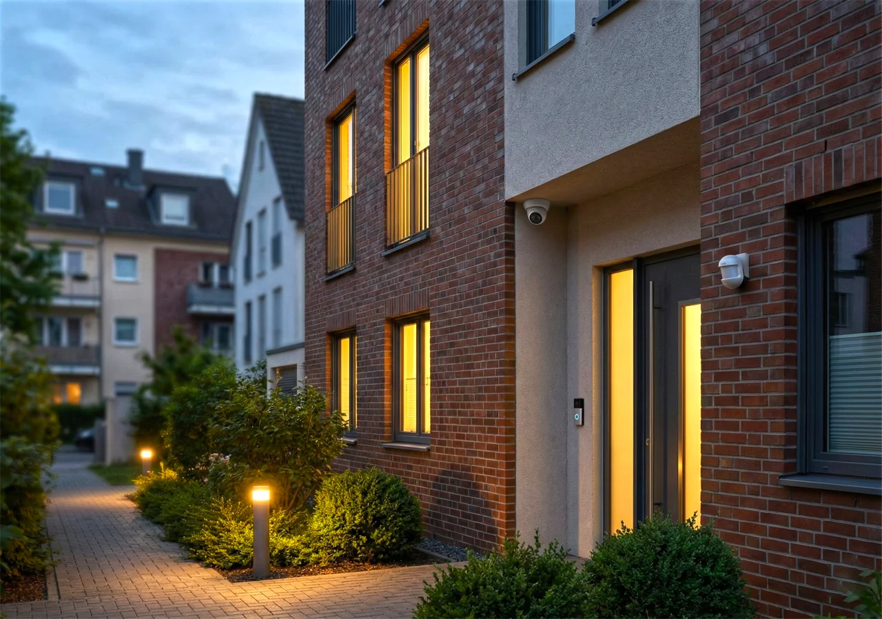 Modernes Einfamilienhaus mit intelligenter Sicherheitstechnik bei Dämmerung – Gebäudeschutz von Erle Security