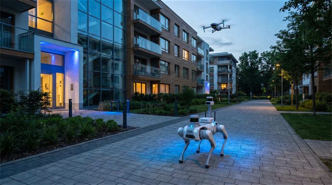 Sicherheitsdrohne und Patrouillier-Roboter vor modernem Gebäude – Erle Robotics und Erle Drones