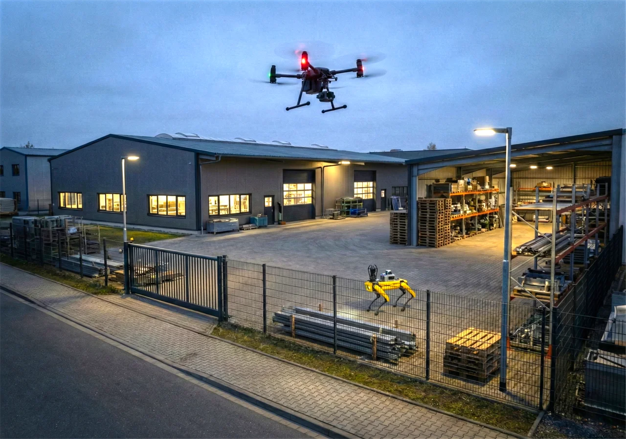 Betriebsgelände mit Perimeterzaun und Überwachungskamera bei Dämmerung – Geländeschutz von Erle Security für Handwerk, Gewerbe und Industrie