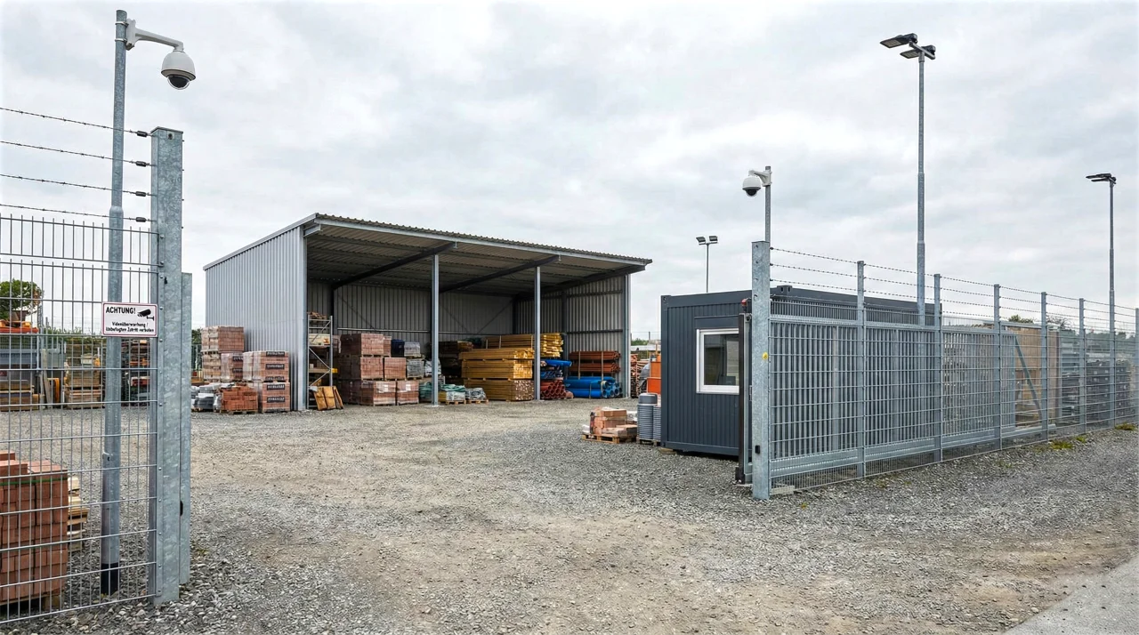 Offener Lagerplatz mit Baumaterial und überdachtem Bereich – Geländeschutz für Lagerflächen