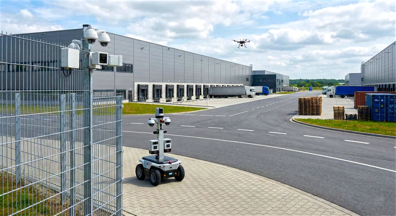 Sicherheitsdrohne über Betriebsgelände bei Dämmerung – Erle Drones Geländeüberwachung für Handwerk, Gewerbe und Industrie